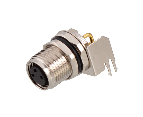 M8 Angled Female Back Mount Socket(PCB, Screw M10*0.75, Grounded type)