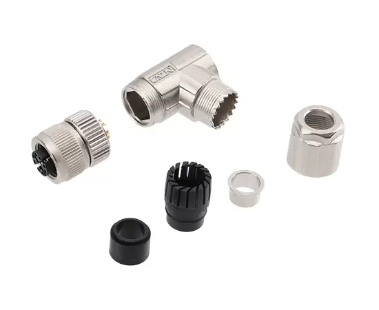 M12 Angled Female Metal Assembled Plug (Data type, Solder, PG9)